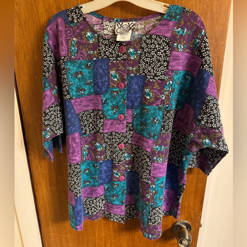 GUC, 3/4 sleeve, size XL, button down top by Box Office in a patchwork pattern